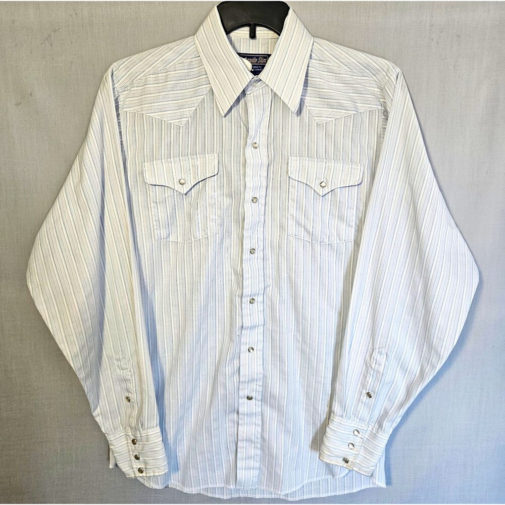 VTG 80s Panhandle Slim Western Shirt Pearl Snap USA Mens L 16/36 LS Blue Striped